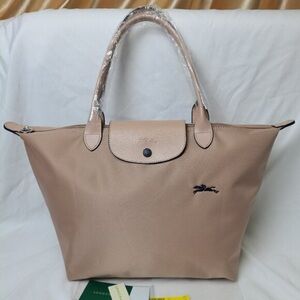 Longchamp Le Pliage Medium Tote Nude Pink NWT Navy Embroidery